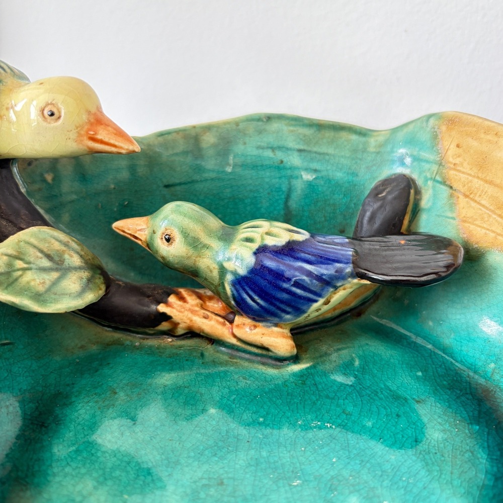 Vintage Artisan Ceramic Bird Bowl Teal Green Crackle Glaze Hand Painted Decor - Picture 4 of 12